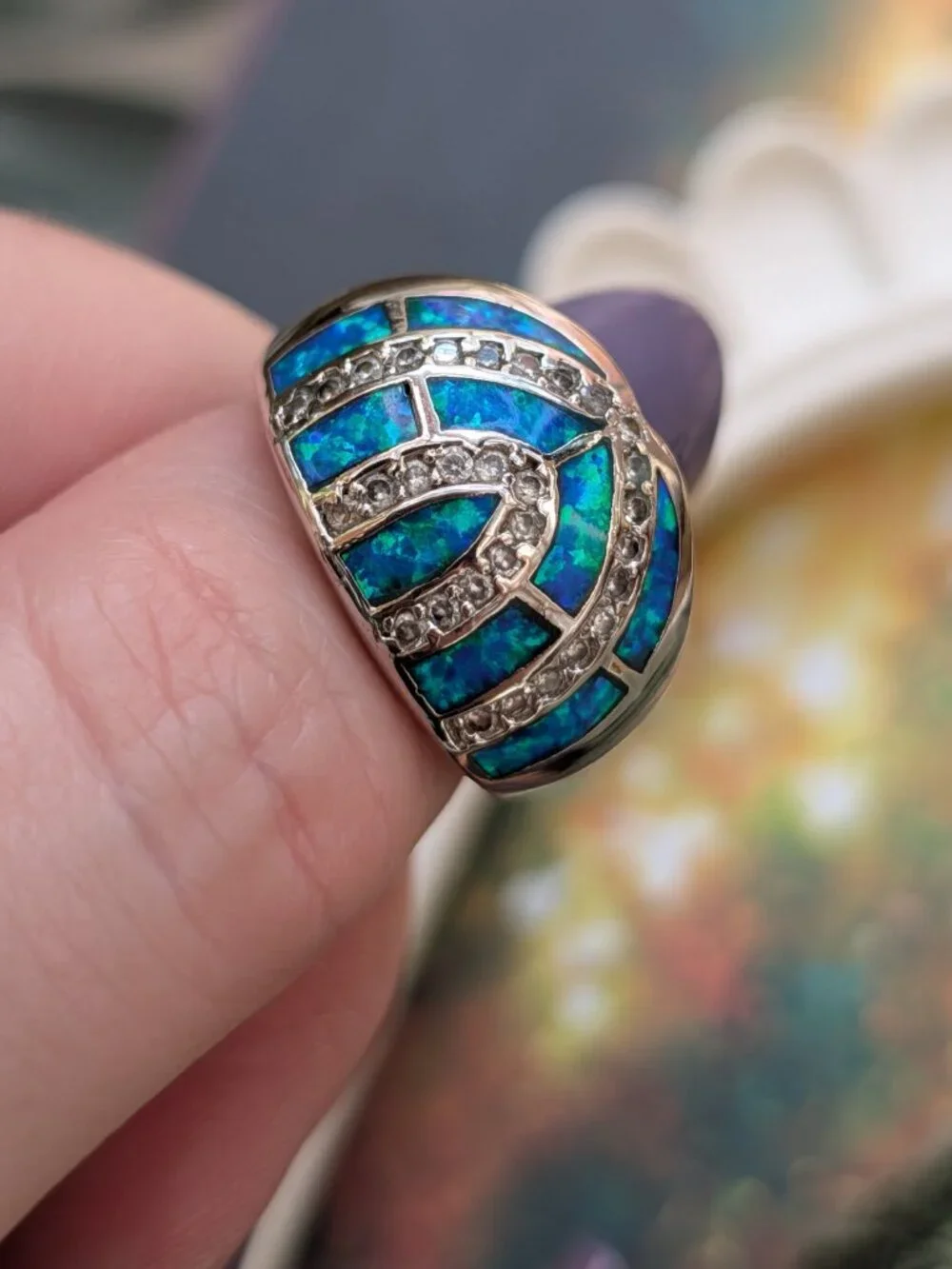 Vintage Sterling Silver & Blue Rainbow Opal Triple Arch Ring, Size 6